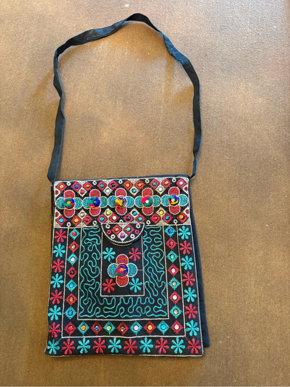 Brand new Embroidered Crossbody Bag – Black with Multicolor Floral Design